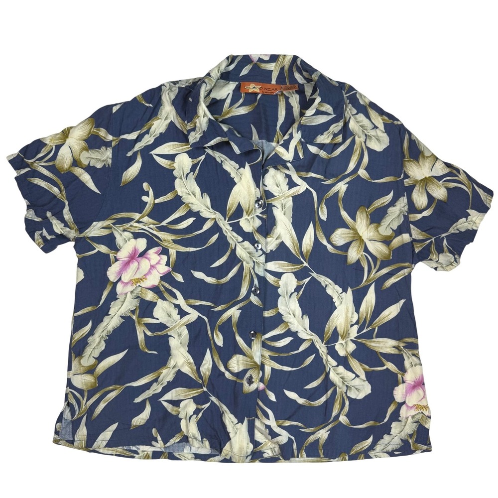 Island Wear Tropical Floral Vintage Womens Button Down Shirt Navy Blue Rayon